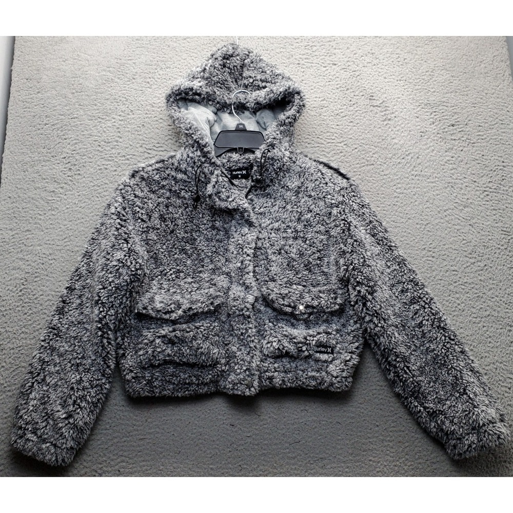Hurley Cropped Jacket Womens Medium Multi Teddy Fleece Hooded Snap Up Inside Zip